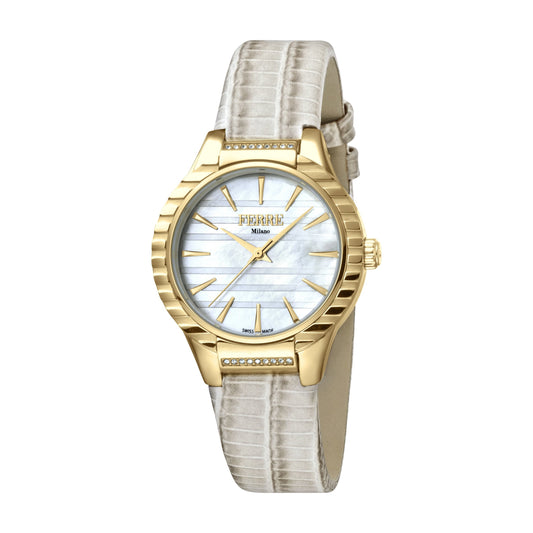 Ferre Milano Ladies White MOP Dial Ivory Leather Strap Watch