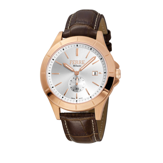 Ferre Milano FM1G080L0031 Rose gold watch, brown leather strap, silver dial