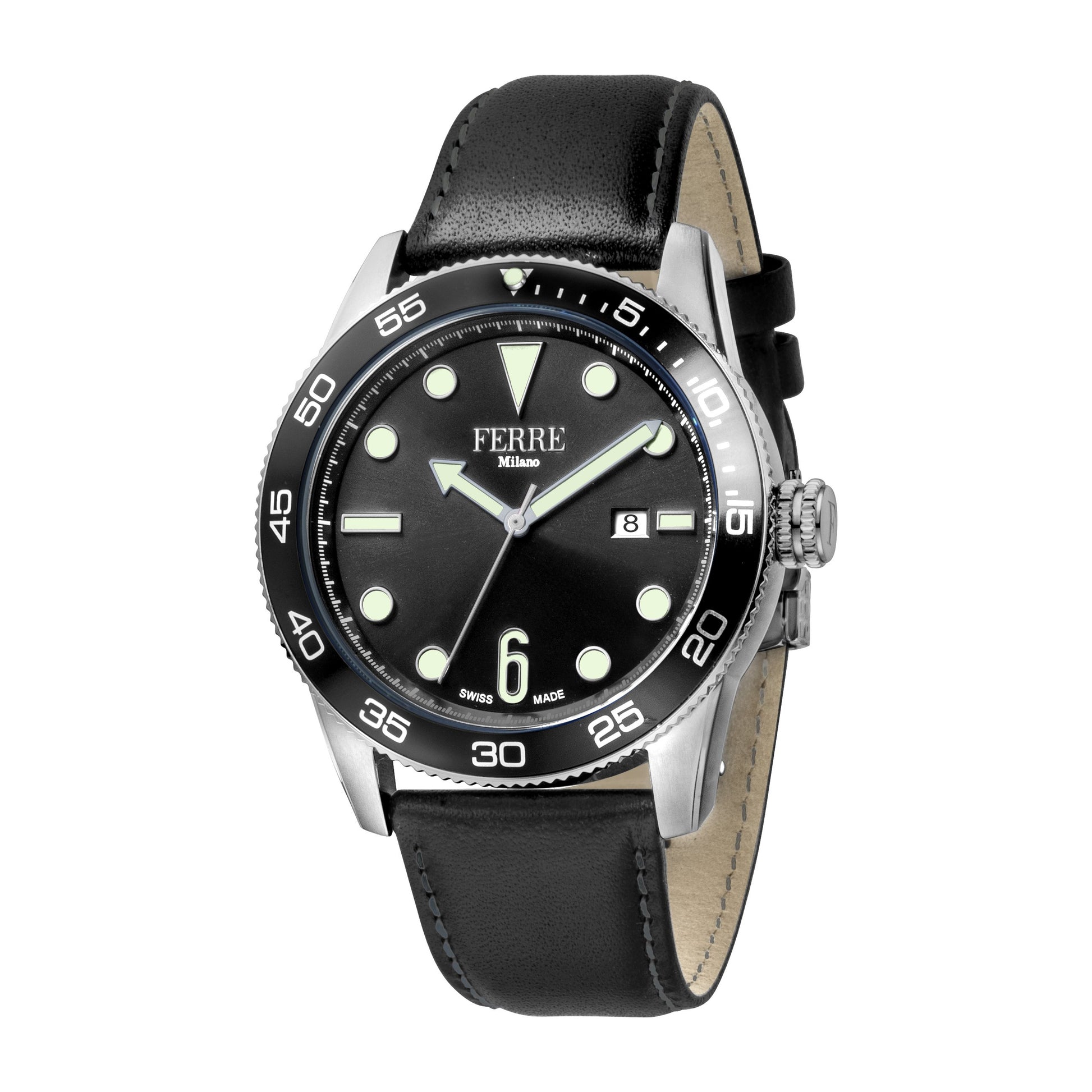 Ferre Milano Gents Black Dial Black Leather Strap Watch