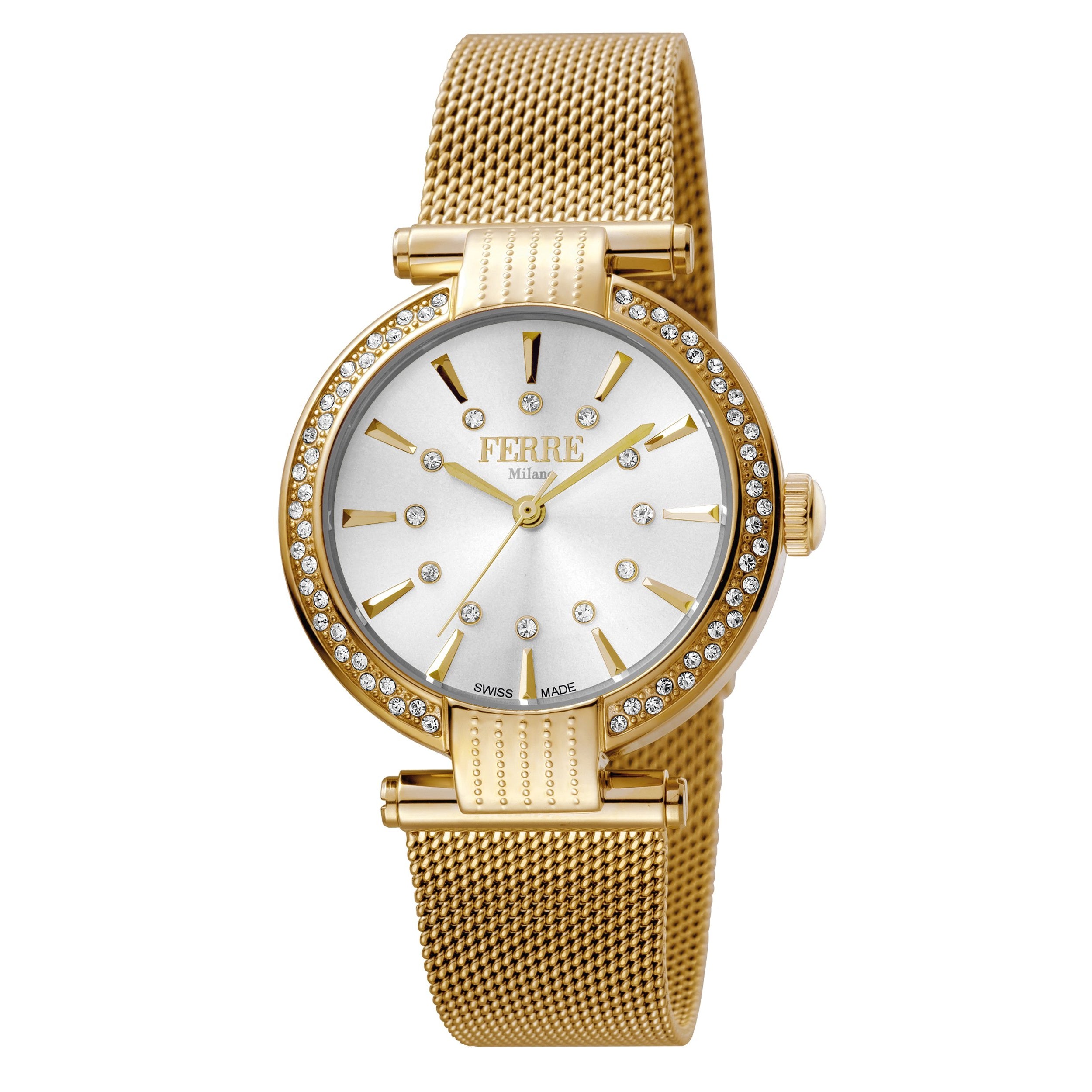 Ferre Milano Ladies Silver Dial Gold Mesh Bracelet Watch
