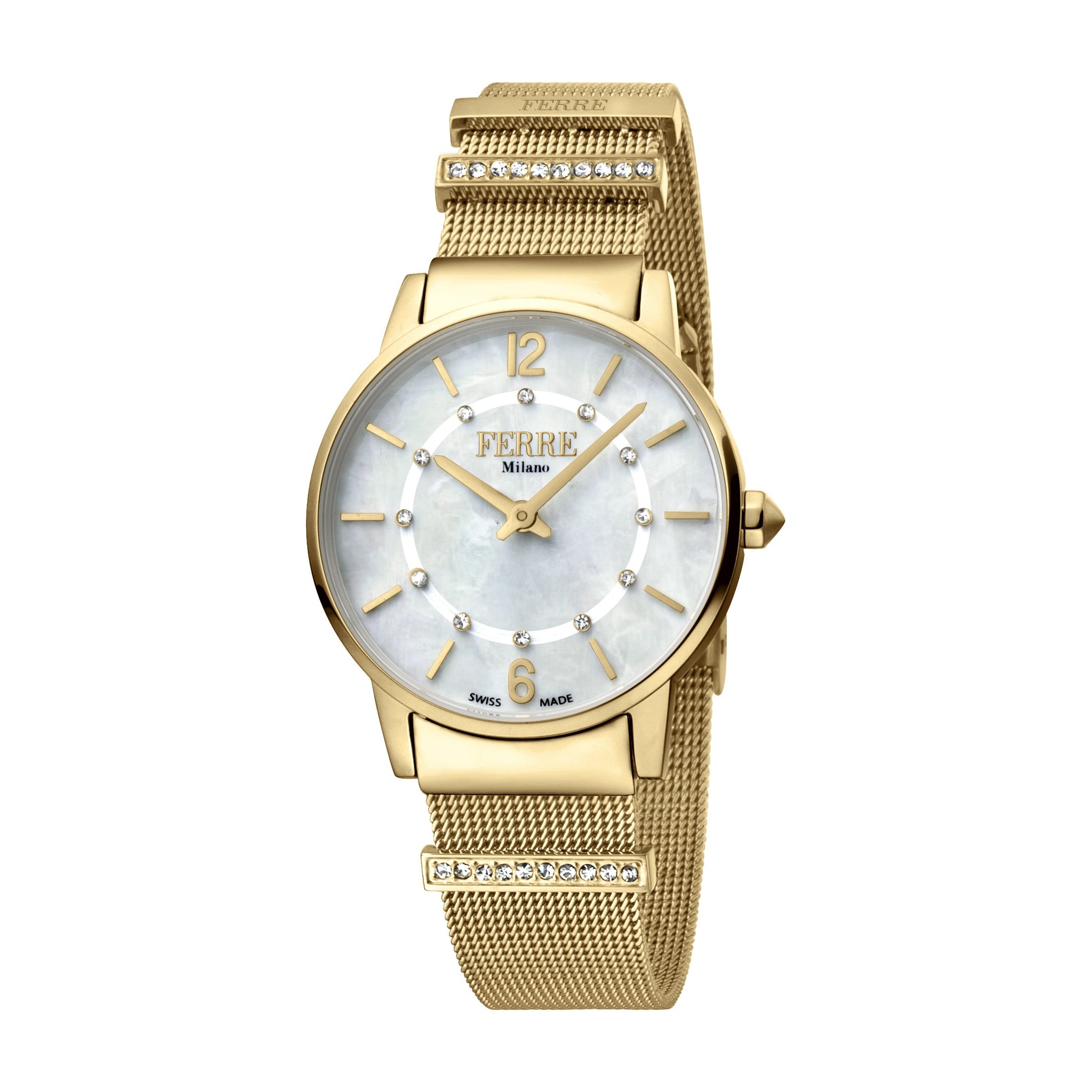 Ferre Milano Ladies White MOP Dial GP Mesh Watch