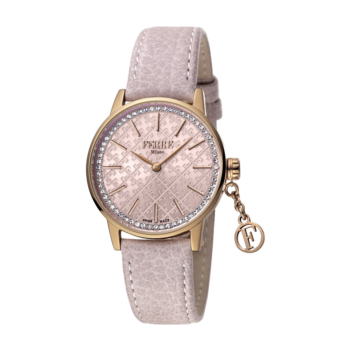 Ferre Milano Chained Pink Dial Pink Leather Strap Ladies Watch