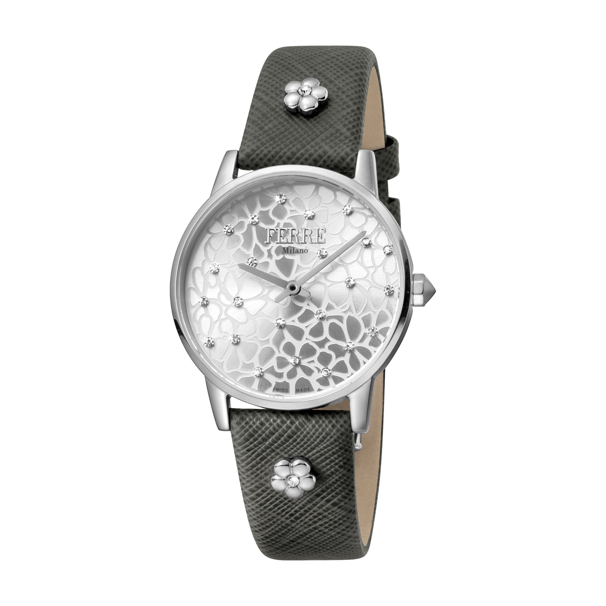 Ferre Milano Ladies Silver Dial Grey Leather Strap Watch