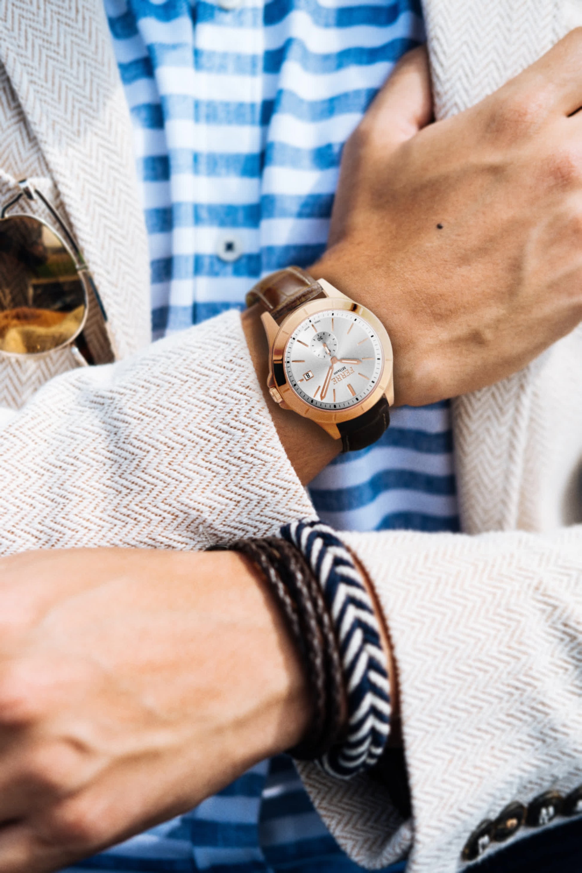 Ferre Milano Silver Dial Brown Leather Strap Men's Watch